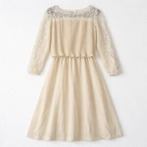 Ivory Cream White Long Sleeves Lace Midi True VTG 70s Dress Pleated Bridal Fairy